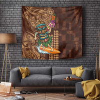 Hawaiian Tiki Mask Surfing Kakau Pattern Tapestry