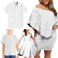 Niue White Sunday Family Matching Off Shoulder Short Dress and Hawaiian Shirt Hiapo Tribal Art Tattoos - Polynesian Pride