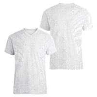 Niue White Sunday Women V-Neck T-Shirt Hiapo Tribal Art Tattoos - Polynesian Pride