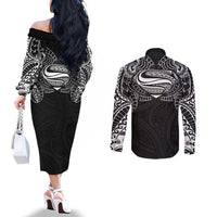 Super Samoan Traditional Tribal Art Tattoos Couples Matching Off The Shoulder Long Sleeve Dress and Long Sleeve Button Shirt Black Color - Polynesian Pride