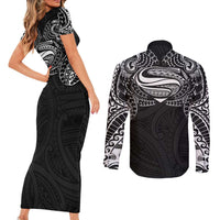 Super Samoan Traditional Tribal Art Tattoos Couples Matching Short Sleeve Bodycon Dress and Long Sleeve Button Shirt Black Color - Polynesian Pride