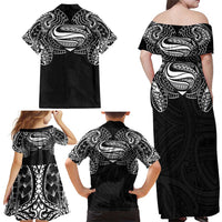 Super Samoan Traditional Tribal Art Tattoos Family Matching Off Shoulder Maxi Dress and Hawaiian Shirt Black Color - Polynesian Pride