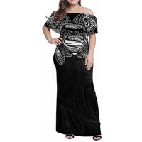 Super Samoan Traditional Tribal Art Tattoos Family Matching Off Shoulder Maxi Dress and Hawaiian Shirt Black Color - Polynesian Pride