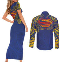 Super Samoan Traditional Tribal Art Tattoos Couples Matching Short Sleeve Bodycon Dress and Long Sleeve Button Shirt Blue Color - Polynesian Pride