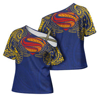 Super Samoan Traditional Tribal Art Tattoos Cross Shoulder Shirt Blue Color - Polynesian Pride