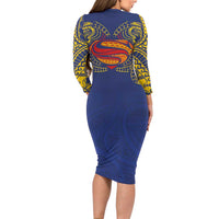 Super Samoan Traditional Tribal Art Tattoos Family Matching Long Sleeve Bodycon Dress and Hawaiian Shirt Blue Color - Polynesian Pride