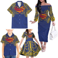 Super Samoan Traditional Tribal Art Tattoos Family Matching Off The Shoulder Long Sleeve Dress and Hawaiian Shirt Blue Color - Polynesian Pride