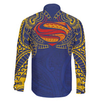 Super Samoan Traditional Tribal Art Tattoos Family Matching Off The Shoulder Long Sleeve Dress and Hawaiian Shirt Blue Color - Polynesian Pride