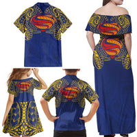 Super Samoan Traditional Tribal Art Tattoos Family Matching Off Shoulder Maxi Dress and Hawaiian Shirt Blue Color - Polynesian Pride