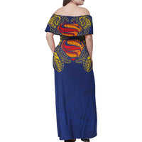 Super Samoan Traditional Tribal Art Tattoos Family Matching Off Shoulder Maxi Dress and Hawaiian Shirt Blue Color - Polynesian Pride