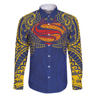 Super Samoan Traditional Tribal Art Tattoos Family Matching Off Shoulder Short Dress and Hawaiian Shirt Blue Color - Polynesian Pride