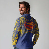 Super Samoan Traditional Tribal Art Tattoos Long Sleeve Polo Shirt Blue Color - Polynesian Pride