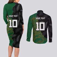 Custom Aotearoa South Africa Rugby Freedom Cup Couples Matching Long Sleeve Bodycon Dress and Long Sleeve Button Shirt Kiwi Warriors Haka with King Protea Symbol - Polynesian Pride
