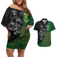 Custom Aotearoa South Africa Rugby Freedom Cup Couples Matching Off Shoulder Short Dress and Hawaiian Shirt Kiwi Warriors Haka with King Protea Symbol - Polynesian Pride