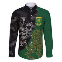 Custom Aotearoa South Africa Rugby Freedom Cup Family Matching Long Sleeve Bodycon Dress and Hawaiian Shirt Kiwi Warriors Haka with King Protea Symbol LT03 Dad's Shirt - Long Sleeve Green - Polynesian Pride