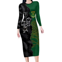 Custom Aotearoa South Africa Rugby Freedom Cup Family Matching Long Sleeve Bodycon Dress and Hawaiian Shirt Kiwi Warriors Haka with King Protea Symbol LT03 Mom's Dress Green - Polynesian Pride