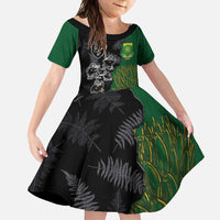 Custom Aotearoa South Africa Rugby Freedom Cup Family Matching Off Shoulder Maxi Dress and Hawaiian Shirt Kiwi Warriors Haka with King Protea Symbol - Polynesian Pride