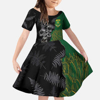 Custom Aotearoa South Africa Rugby Freedom Cup Family Matching Summer Maxi Dress and Hawaiian Shirt Kiwi Warriors Haka with King Protea Symbol LT03 Daughter's Dress Green - Polynesian Pride