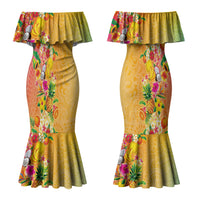 Hawaiian Tropical Fruits and Plants Couples Matching Mermaid Dress and Long Sleeve Button Shirt Kakau Pattern Summer Vibe