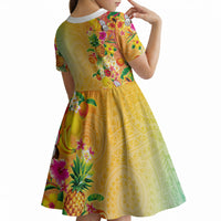 Hawaiian Tropical Fruits and Plants Kid Short Sleeve Dress Kakau Pattern Summer Vibe