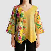 Hawaiian Tropical Fruits and Plants Kimono Sleeve Blouse Kakau Pattern Summer Vibe