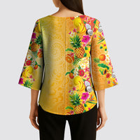 Hawaiian Tropical Fruits and Plants Kimono Sleeve Blouse Kakau Pattern Summer Vibe