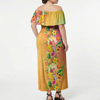 Hawaiian Tropical Fruits and Plants Off Shoulder Maxi Dress Kakau Pattern Summer Vibe