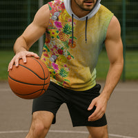 Hawaiian Tropical Fruits and Plants Sleeveless Hoodie Kakau Pattern Summer Vibe
