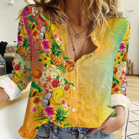 Hawaiian Tropical Fruits and Plants Women Casual Shirt Kakau Pattern Summer Vibe