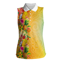 Hawaiian Tropical Fruits and Plants Women Sleeveless Polo Shirt Kakau Pattern Summer Vibe