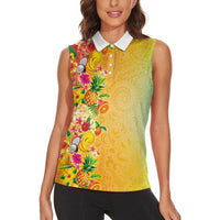 Hawaiian Tropical Fruits and Plants Women Sleeveless Polo Shirt Kakau Pattern Summer Vibe