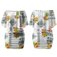 Hawaiian Quilts Couples Matching Off Shoulder Short Dress and Hawaiian Shirt Tropical Fruits and Plants