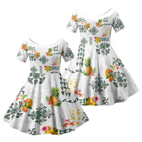 Hawaiian Quilts Family Matching Off The Shoulder Long Sleeve Dress and Hawaiian Shirt Tropical Fruits and Plants