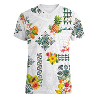 Hawaiian Quilts Women V-Neck T-Shirt Tropical Fruits and Plants
