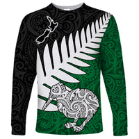 Aotearoa New Zealand Long Sleeve Shirt Silver Fern Kiwi Bird and NZ Map with Maori Tribal Green Style LT03 Unisex Green - Polynesian Pride