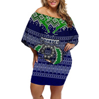 Personalised Pohnpei State Christmas Off Shoulder Short Dress Coat of Arms Beautiful Merry Xmas Snowflake LT03 Women Blue - Polynesian Pride