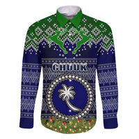 Personalised Chuuk State Christmas Family Matching Off Shoulder Short Dress and Hawaiian Shirt Coat of Arms Beautiful Merry Xmas Snowflake LT03 Dad's Shirt - Long Sleeve Blue - Polynesian Pride