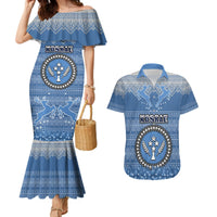 Kosrae Christmas Couples Matching Mermaid Dress and Hawaiian Shirt Coat of Arms Beautiful Merry Xmas Snowflake LT03 Blue - Polynesian Pride