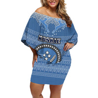 Kosrae Christmas Off Shoulder Short Dress Coat of Arms Beautiful Merry Xmas Snowflake LT03 Women Blue - Polynesian Pride