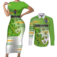Personalised Cook Islands Va'a Race Couples Matching Short Sleeve Bodycon Dress and Long Sleeve Button Shirt Te Tatau Tattoos Sporty Style Green-White Color - Polynesian Pride