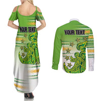 Personalised Cook Islands Va'a Race Couples Matching Summer Maxi Dress and Long Sleeve Button Shirt Te Tatau Tattoos Sporty Style Green-White Color - Polynesian Pride