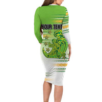 Personalised Cook Islands Va'a Race Family Matching Long Sleeve Bodycon Dress and Hawaiian Shirt Te Tatau Tattoos Sporty Style Green-White Color - Polynesian Pride