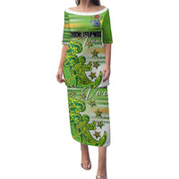 Personalised Cook Islands Va'a Race Family Matching Puletasi and Hawaiian Shirt Te Tatau Tattoos Sporty Style Green-White Color - Polynesian Pride