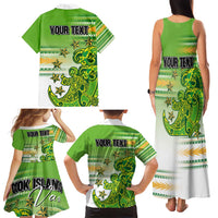 Personalised Cook Islands Va'a Race Family Matching Tank Maxi Dress and Hawaiian Shirt Te Tatau Tattoos Sporty Style Green-White Color - Polynesian Pride