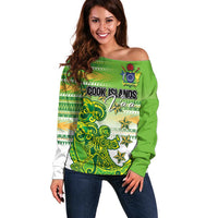 Personalised Cook Islands Va'a Race Off Shoulder Sweater Te Tatau Tattoos Sporty Style Green-White Color - Polynesian Pride