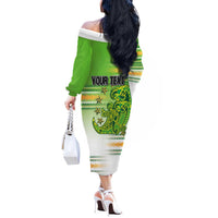 Personalised Cook Islands Va'a Race Off The Shoulder Long Sleeve Dress Te Tatau Tattoos Sporty Style Green-White Color - Polynesian Pride
