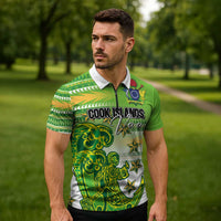 Personalised Cook Islands Va'a Race Zipper Polo Shirt Te Tatau Tattoos Sporty Style Green-White Color - Polynesian Pride