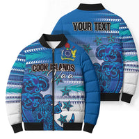 Personalised Cook Islands Va'a Race Bomber Puffer Jacket Te Tatau Tattoos Sporty Style Light Blue Color - Polynesian Pride