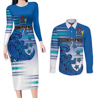 Personalised Cook Islands Va'a Race Couples Matching Long Sleeve Bodycon Dress and Long Sleeve Button Shirt Te Tatau Tattoos Sporty Style Light Blue Color - Polynesian Pride