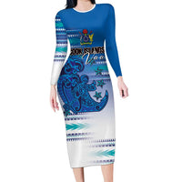 Personalised Cook Islands Va'a Race Family Matching Long Sleeve Bodycon Dress and Hawaiian Shirt Te Tatau Tattoos Sporty Style Light Blue Color - Polynesian Pride